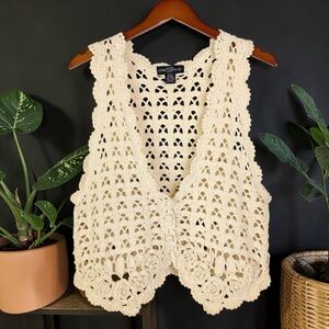 Vintage Handmade Crochet Lace Vest Boho Hippie Granola Aesthetic Cream One Size